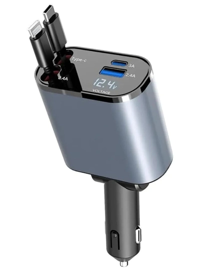 شاحن سيارة سريع 4 في 1 بسلك قابل للسحب مع شاشة عرض الجهد الرقمي - Image 3